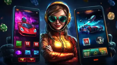 Stylish woman presenting dual smartphone racing casino games with futuristic design