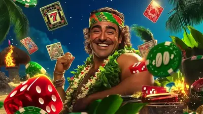 Happy man celebrating casino wins with cards dice and tropical beach vibes